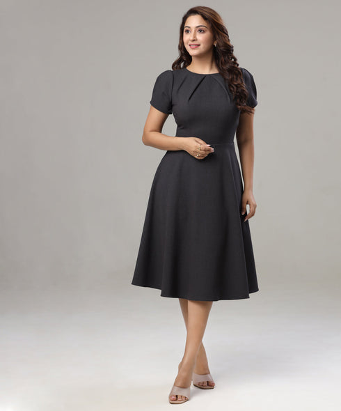 Front Neck Pleated Skater Grey Dress